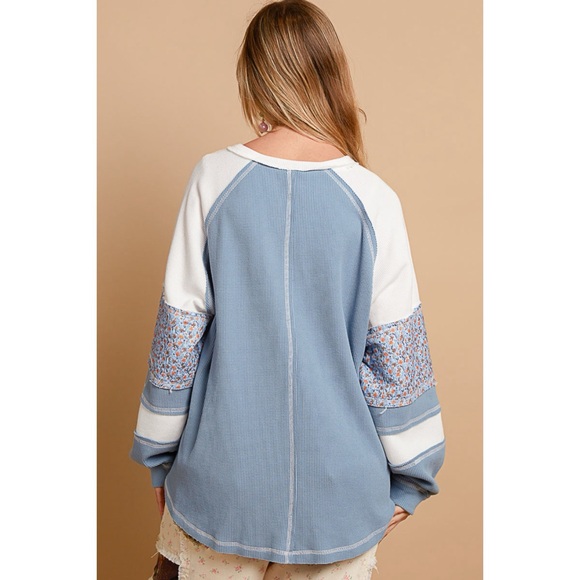 POL Blue & White Floral Contrast Long Sleeve Oversized Thermal Top - Picture 5 of 8